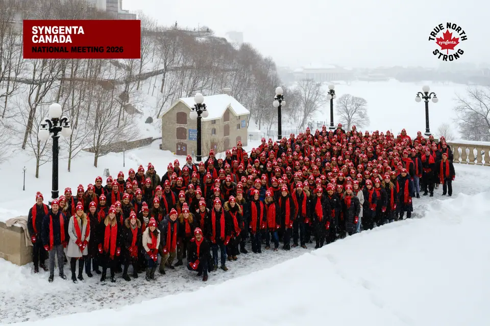Conference group photo of a large team in red scarves on a snowy terrace